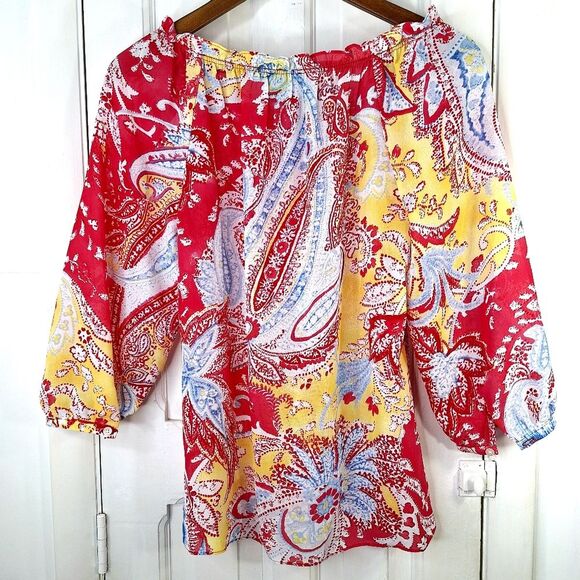 Chaps Colorful Sheer Paisley Peasant Boho Bohemian Blouse Sz XS - Picture 7 of 13